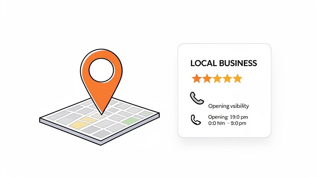 An illustration showing a map with a location pin and a 'LOCAL BUSINESS' card detailing ratings and opening hours.