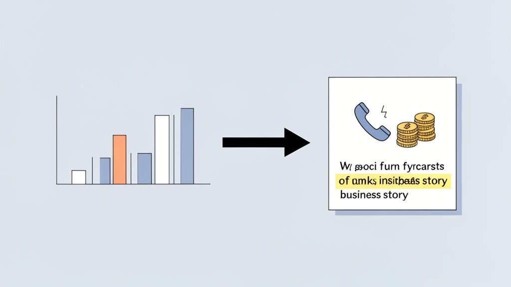 Illustration of a bar chart, an arrow, and a card with a phone, coins, and text about business story.