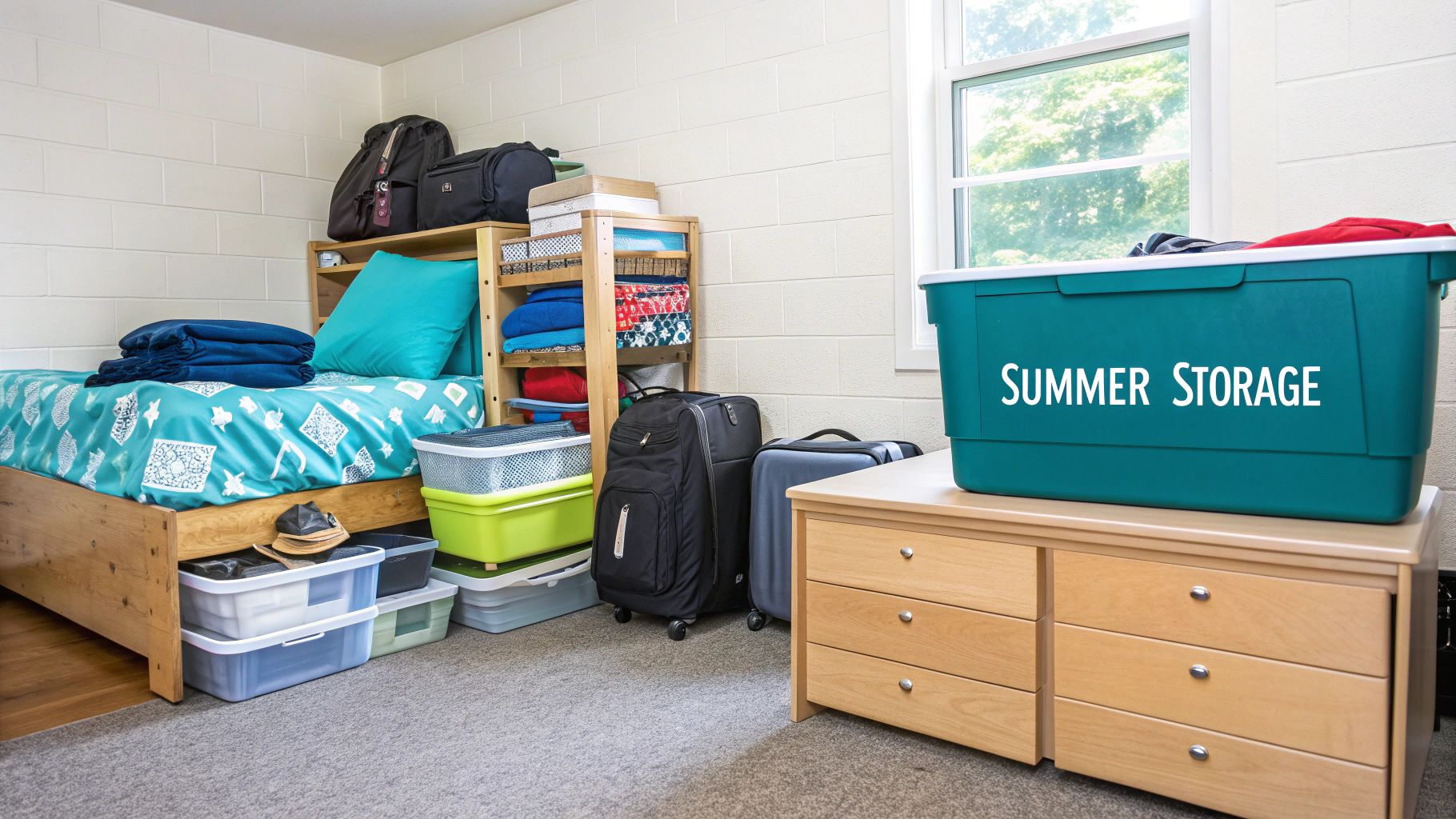 Students smiling with cardboard boxes, ready for summer storage.