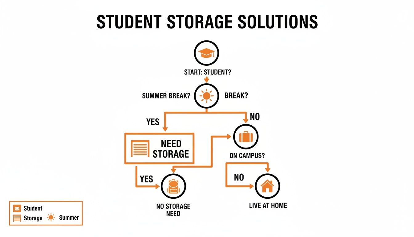 A flowchart depicting student storage solutions based on summer break and living on or off campus.