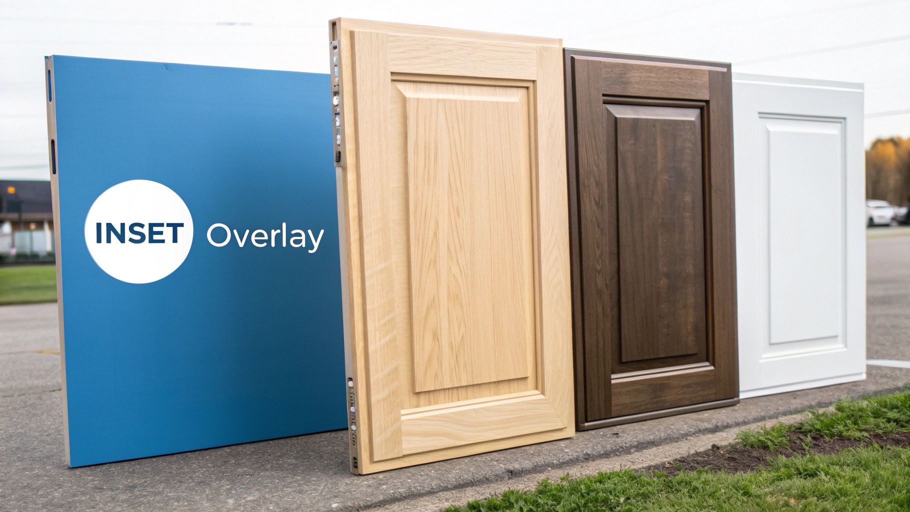 Blue INSET Overlay sign with three cabinet doors: natural wood, dark wood, and white finishes.