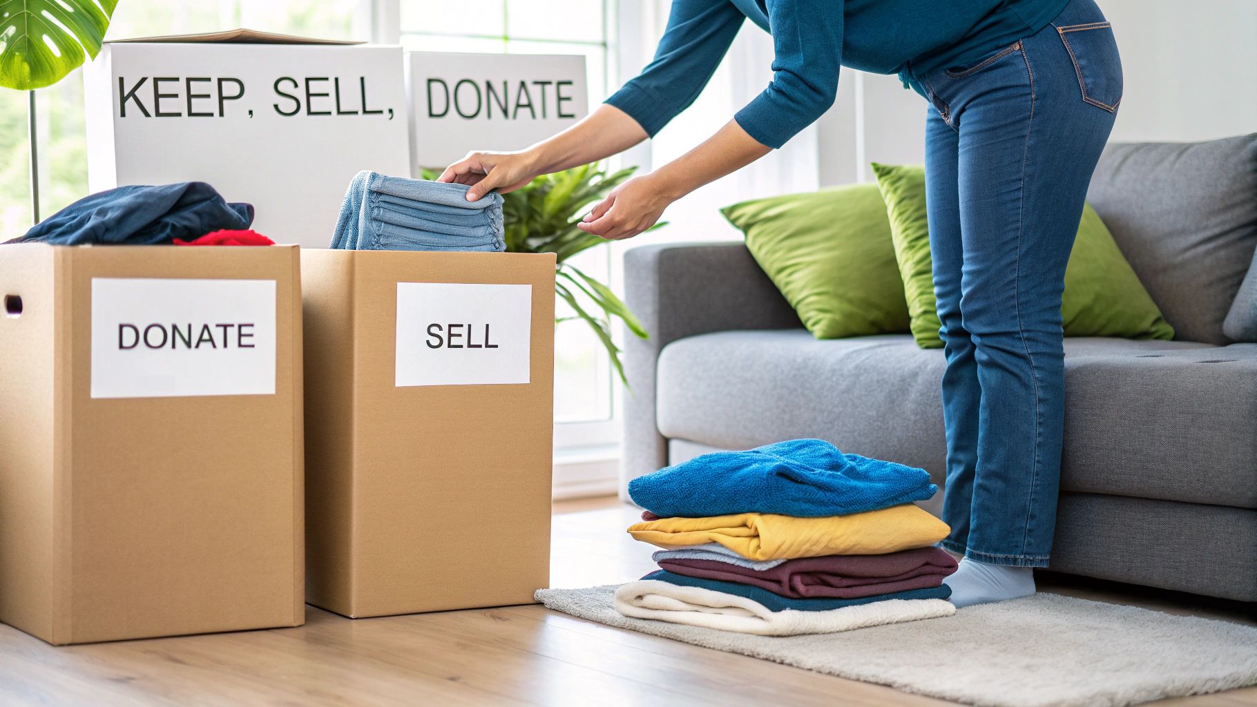 A person sorts clothes into boxes labeled 'donate' and 'sell', decluttering for a move.