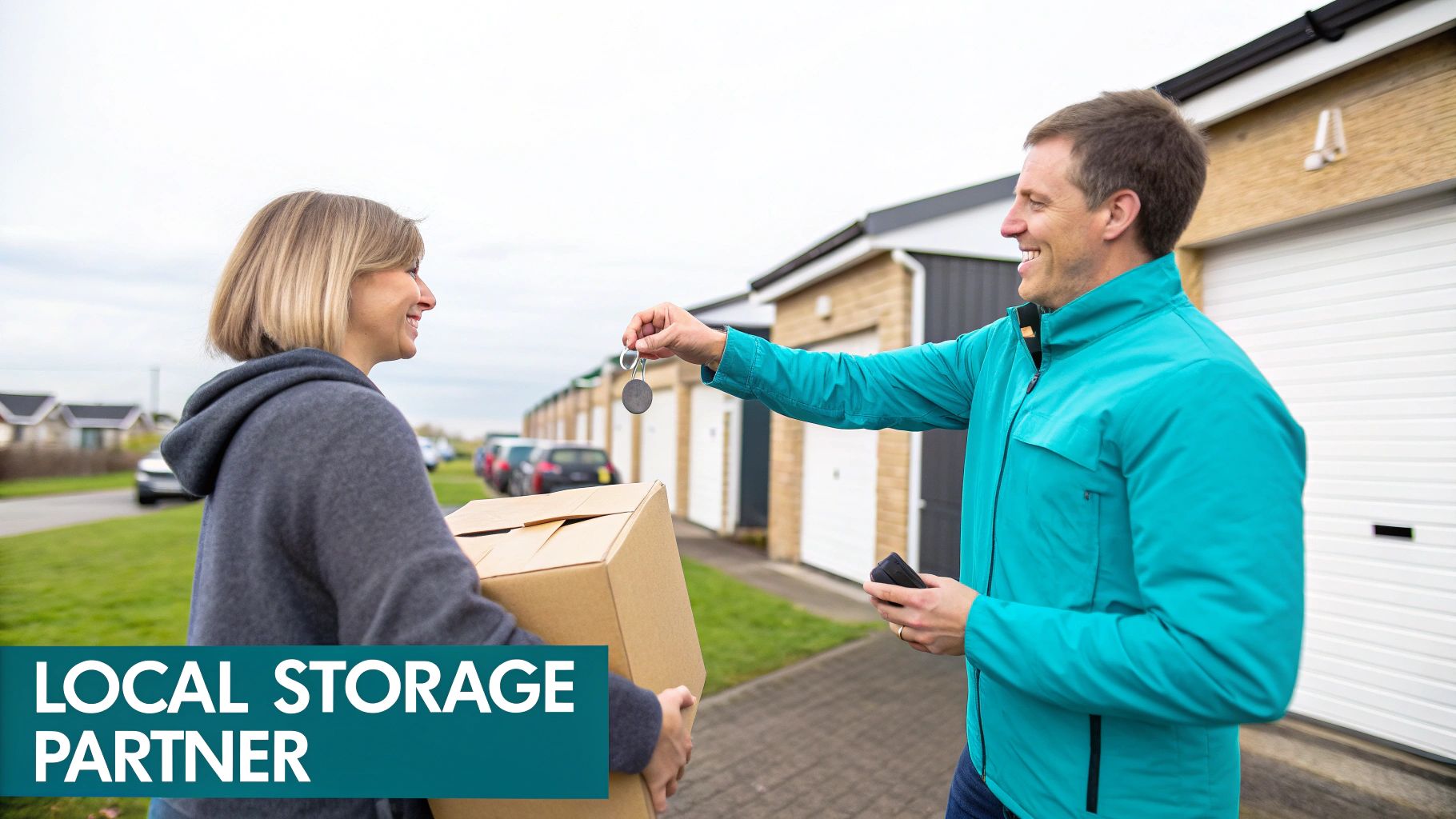 A man hands keys to a smiling woman holding a moving box, standing in front of self-storage units.