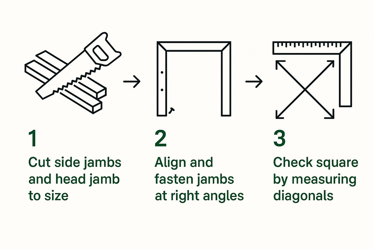 Infographic showing the three-step process to assemble a door frame: cutting the jambs, fastening them at right angles, and checking the diagonals for squareness.