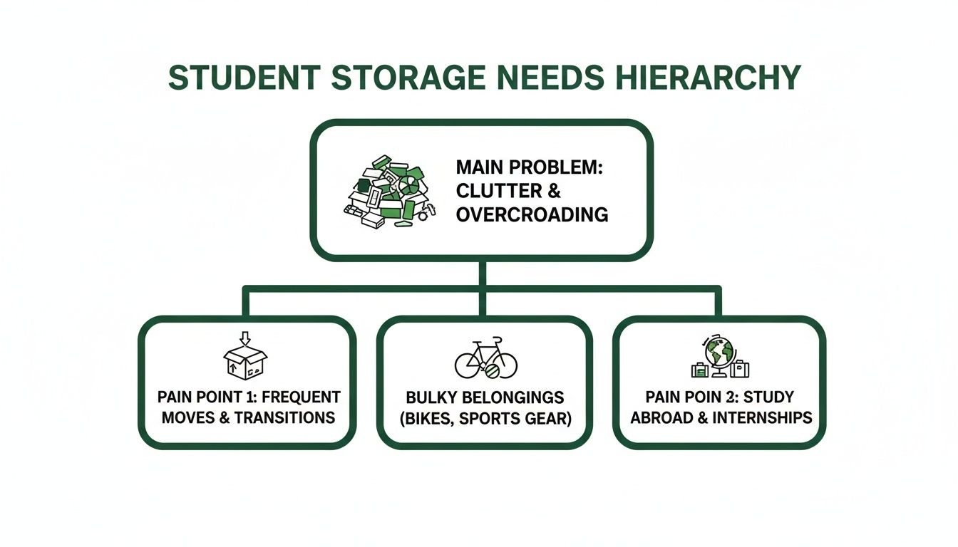 Chart depicting student storage needs hierarchy, highlighting clutter, frequent moves, bulky items, and study abroad.
