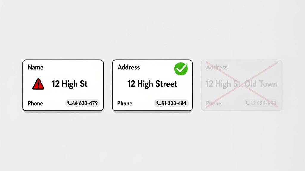 Examples showing correct and incorrect formatting for local business address and phone number entries.