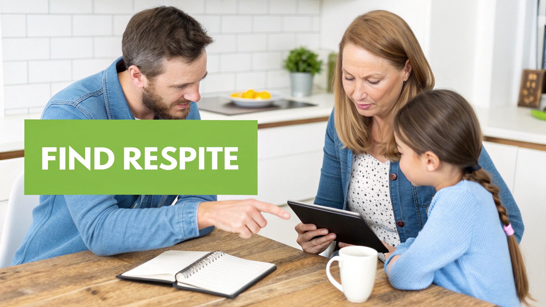 A man points at a tablet held by a woman, with a young girl sitting beside them, on a table with a 'FIND RESPITE' banner.