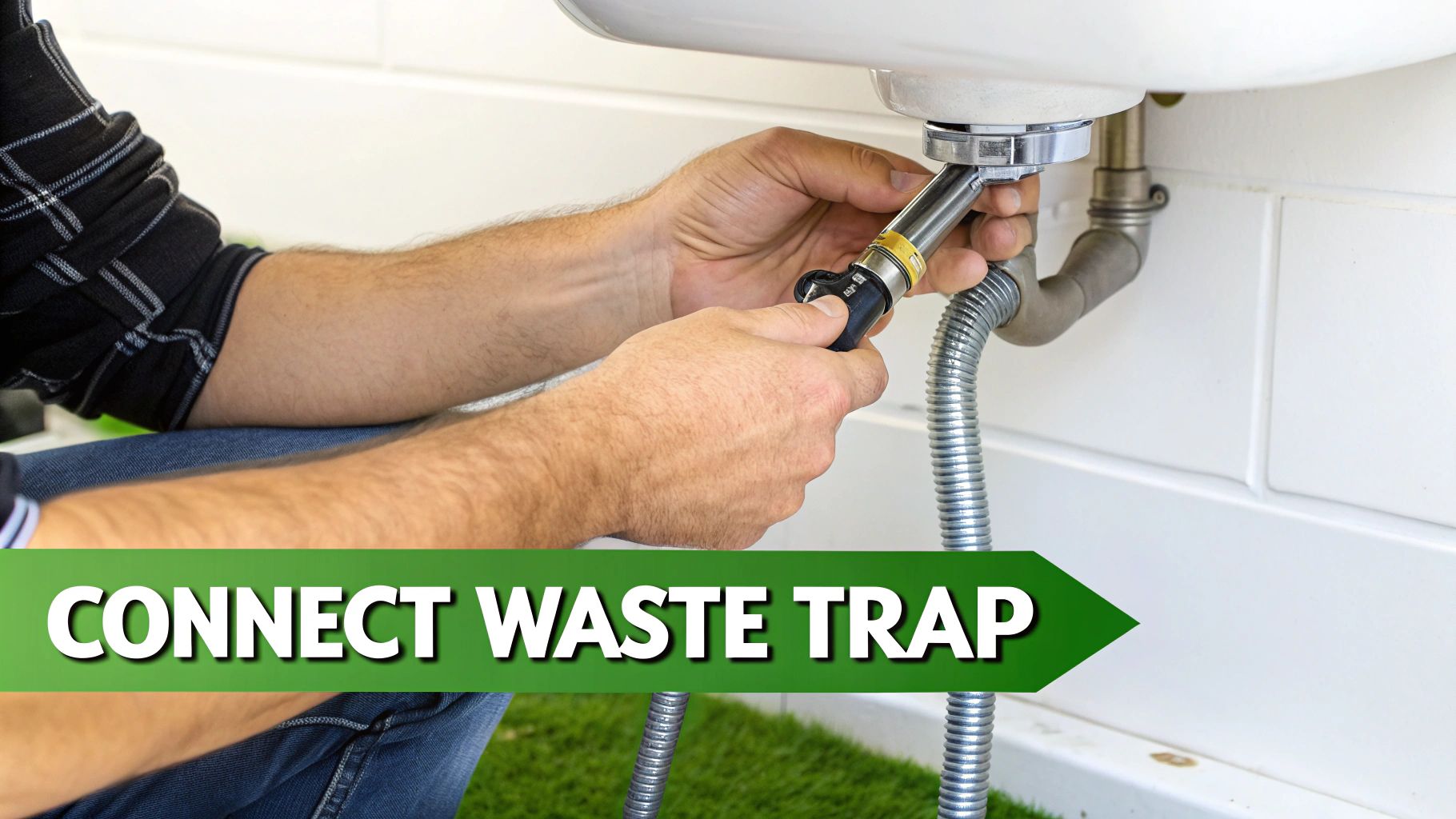 A person's hands connecting a waste trap under a white bathroom sink during installation.