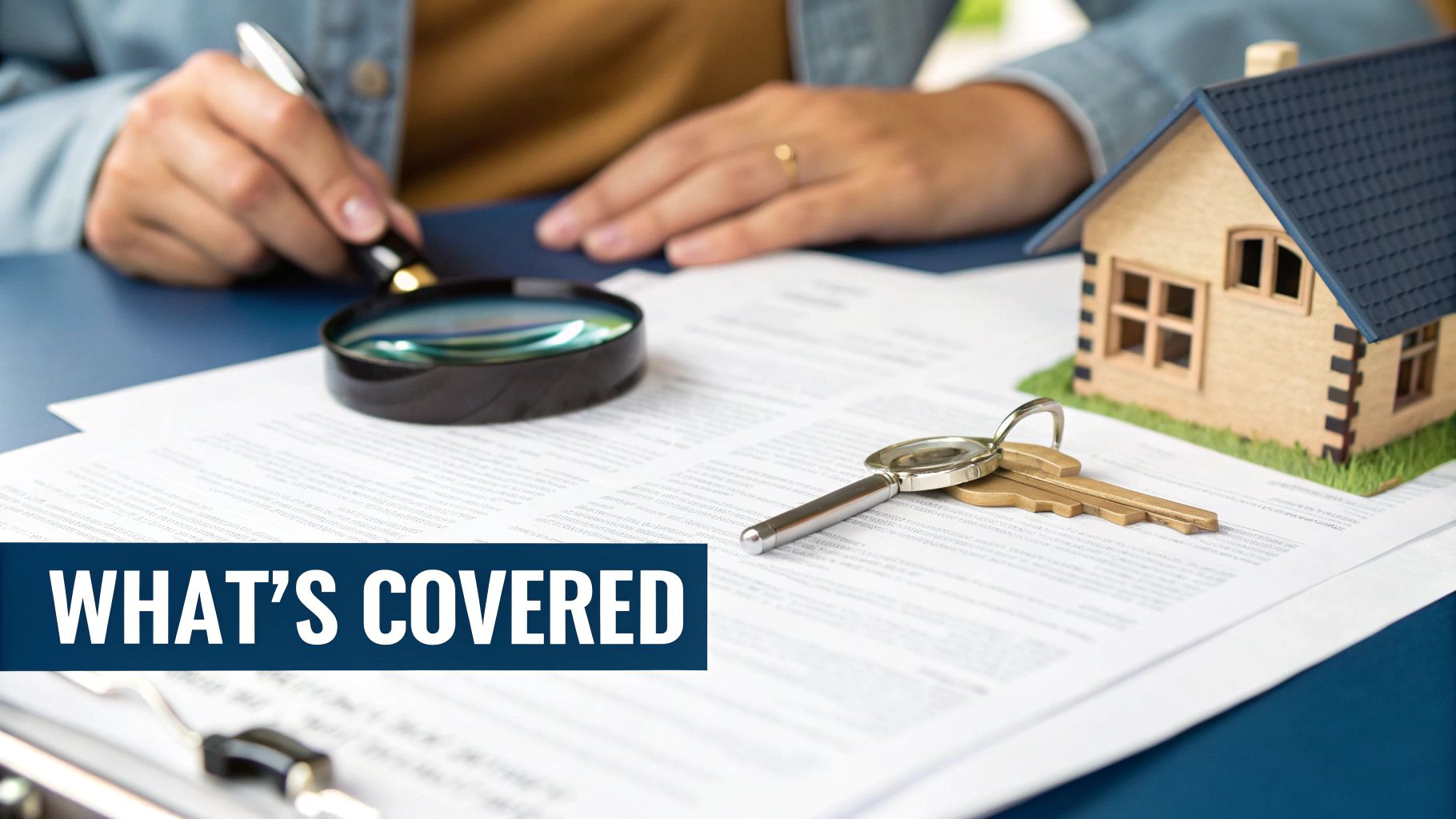 Close-up of hands reviewing property documents with a magnifying glass, house model, and keys, displaying 'WHAT'S COVERED'.