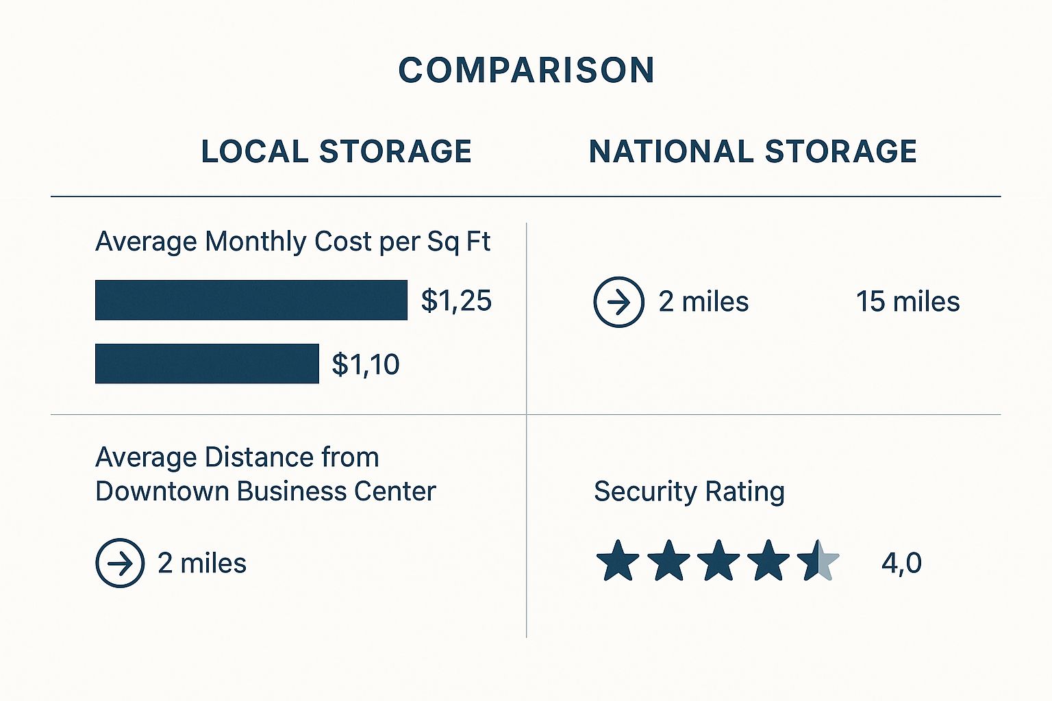 Infographic comparing local and national business storage providers on cost, distance, and security rating.