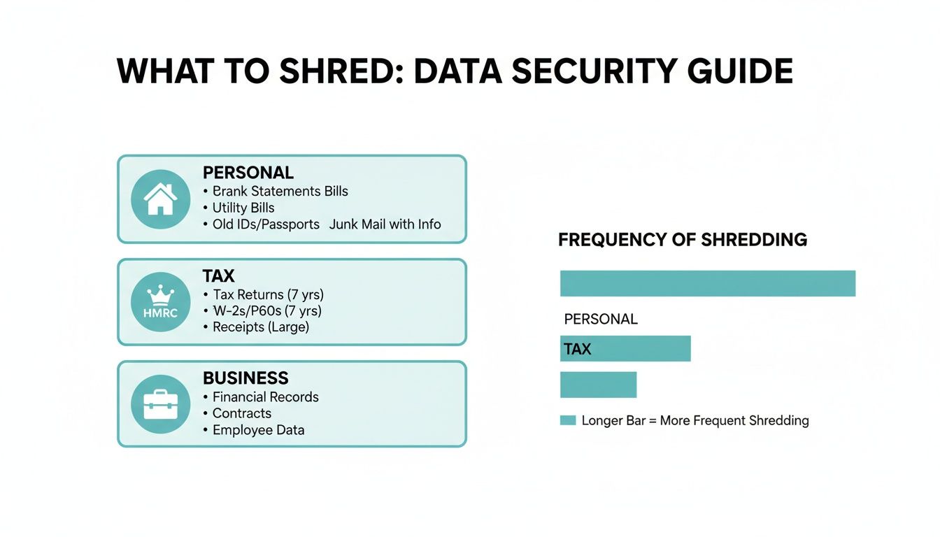A data security guide illustrating what personal, tax, and business documents to shred and their shredding frequency.