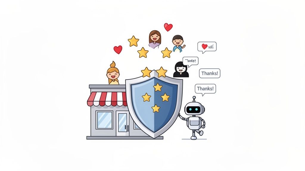 A robot protects a business's reputation with a shield, surrounded by happy customers and positive reviews.