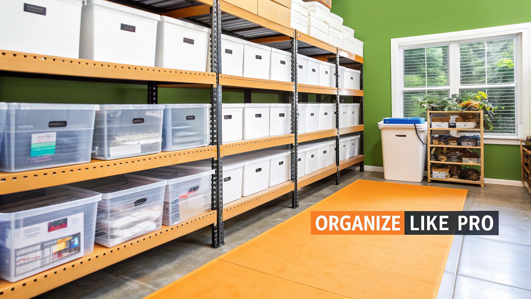 A brightly lit storage room with shelves full of organized white and clear plastic bins.