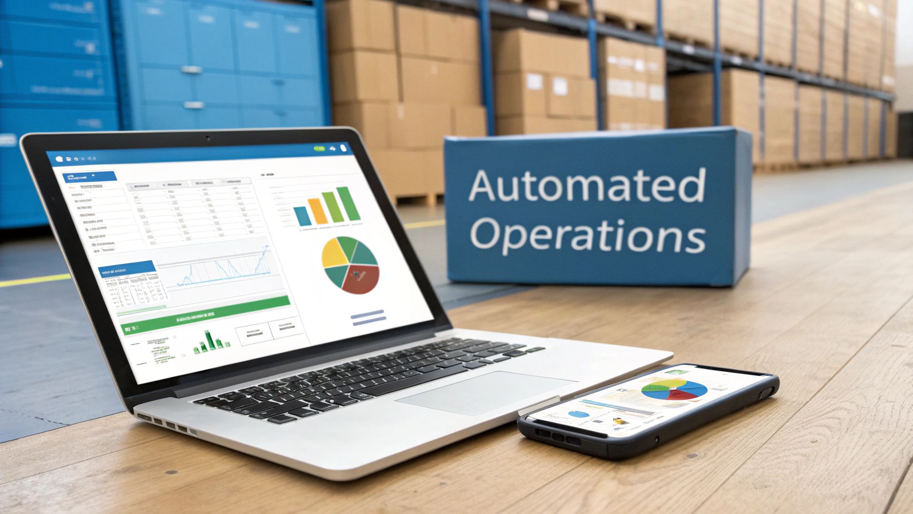 Laptop and smartphone displaying business analytics in a warehouse with "Automated Operations" box.