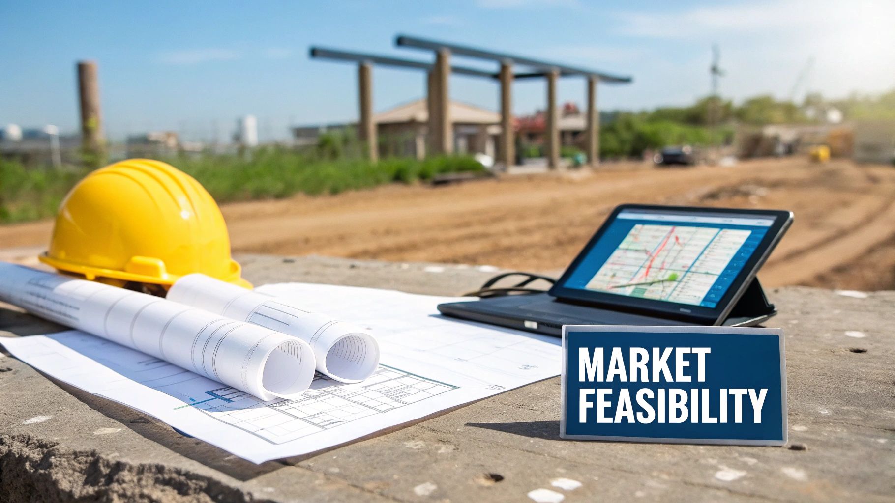 A construction site with a hard hat, blueprints, laptop with a map, and 'Market Feasibility' sign.