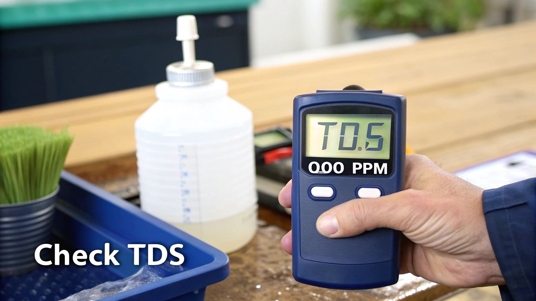 A person's hand holding a blue TDS meter displaying 70.5 PPM, with a white bottle and brush in the background.