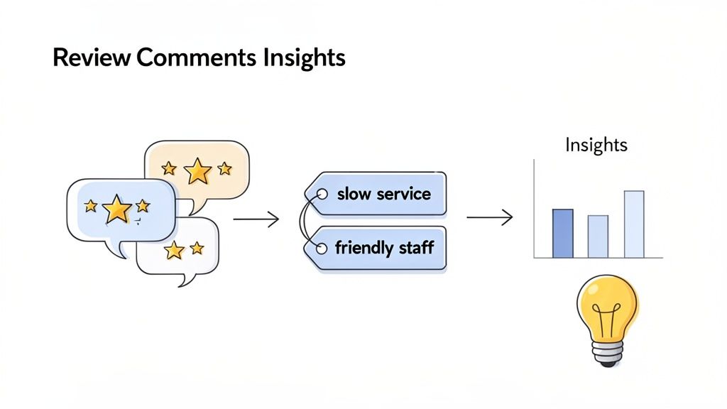 Process of transforming customer review comments with ratings into categorized topics and actionable insights.