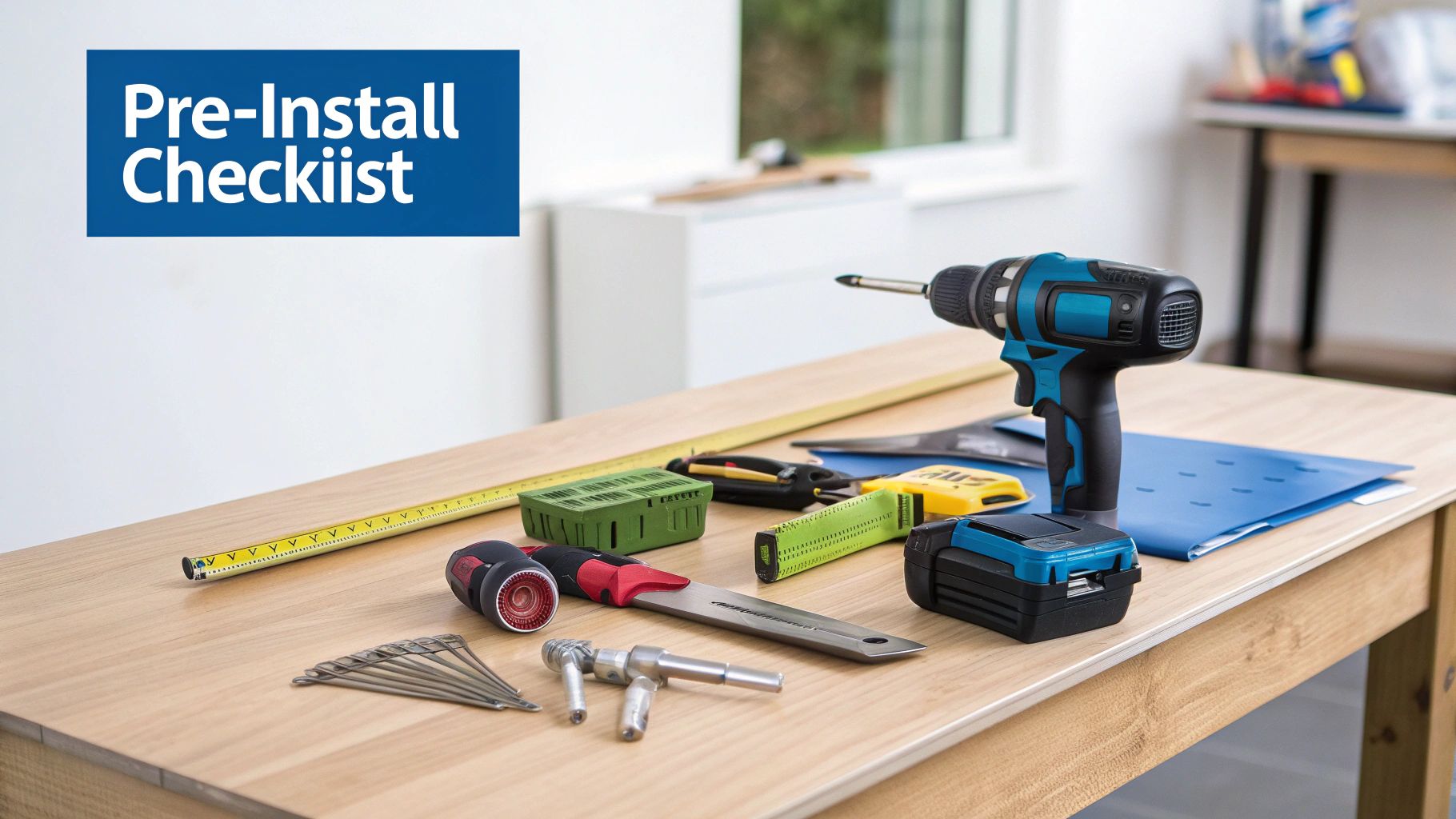 Installation tools like a drill, tape measure, and knife on a table for a pre-install checklist.