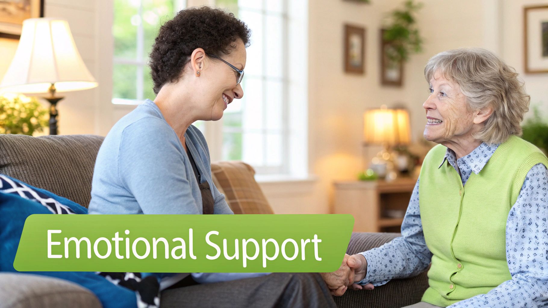 A friendly caregiver and an elderly woman enjoying a conversation while looking at a photo album together.