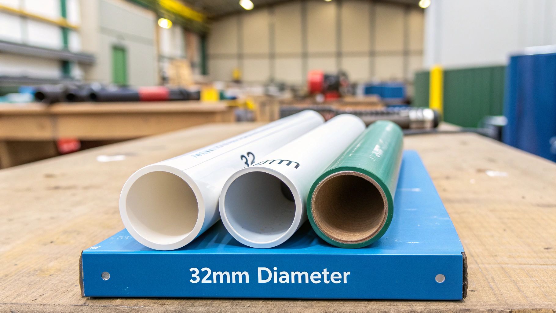 Three white and one green pipe or roll displaying a 32mm diameter on a blue base.