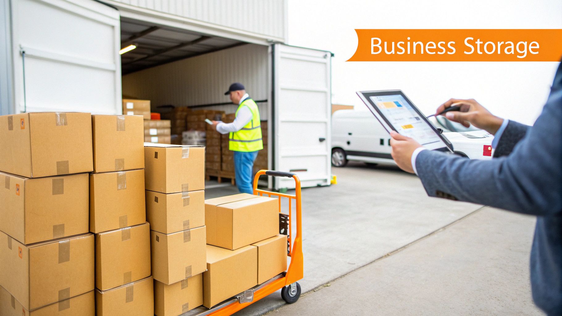 Workers manage inventory and logistics with a tablet and boxes at a business storage facility.
