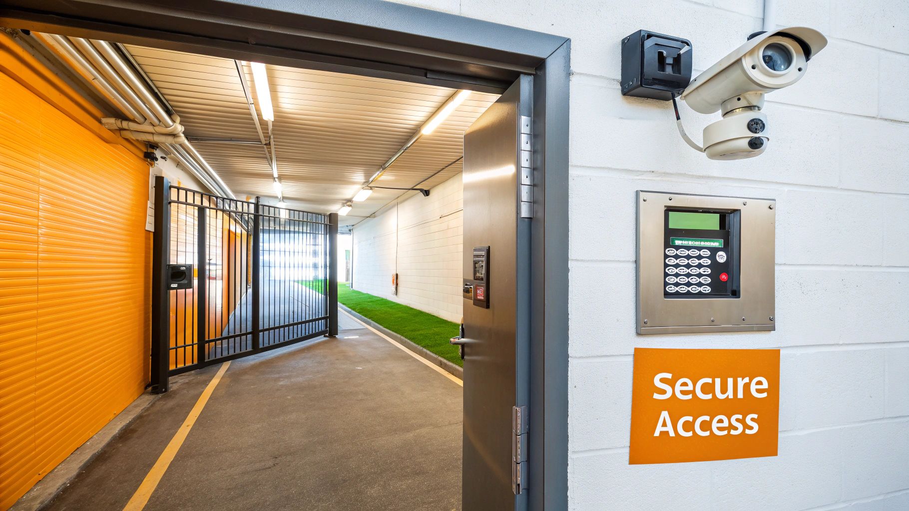 Secure self-storage unit entrance with a keypad, camera, and open gate for business access.