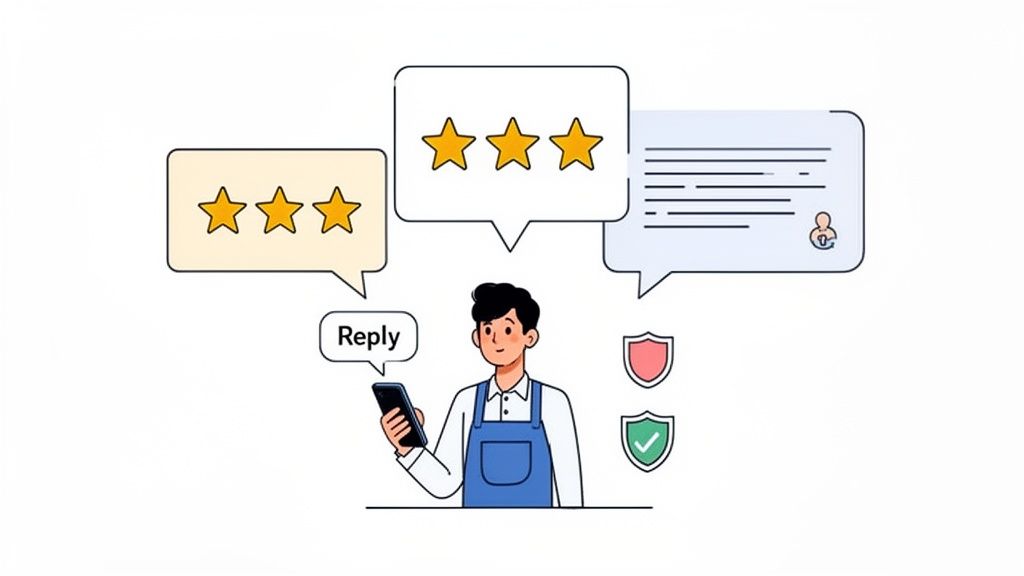 Cartoon man replying to online customer reviews and star ratings, with security shields.