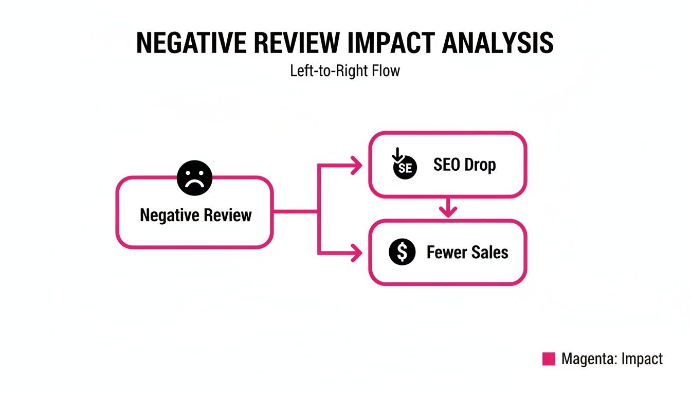 A flow chart titled 'Negative Review Impact Analysis' showing how negative reviews lead to SEO drop and fewer sales.