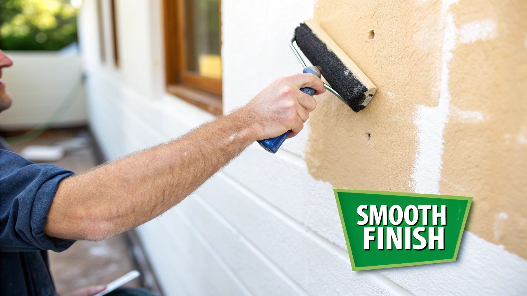 Person using paint roller to apply beige paint on patched wall for smooth finish