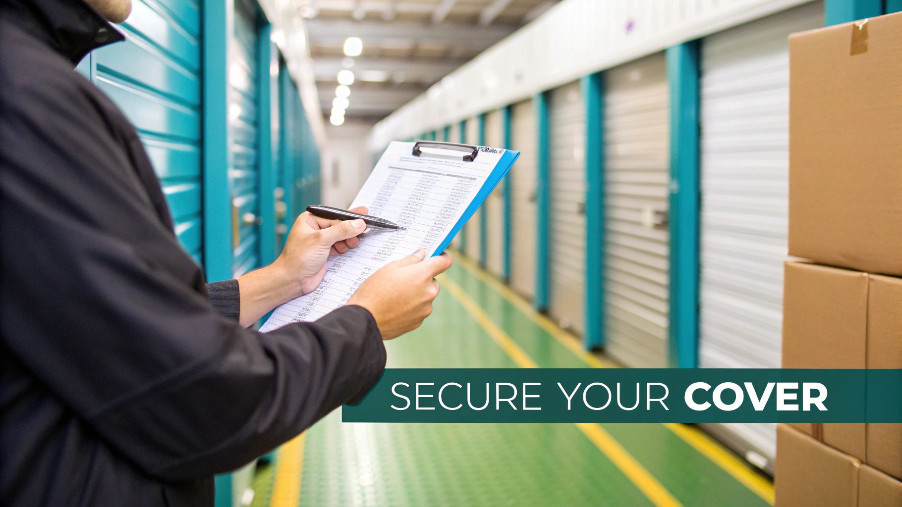 A person holds a clipboard and pen, inspecting a storage unit facility with boxes and units.