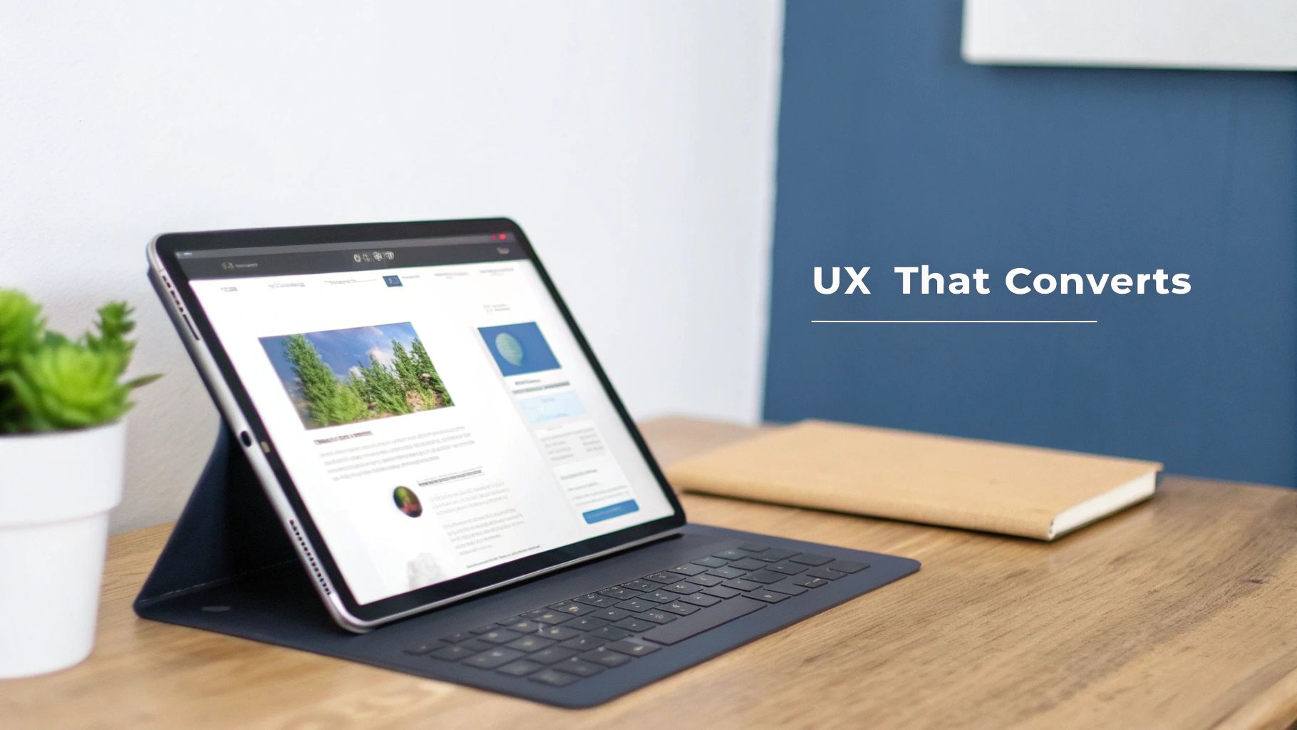 A tablet displaying a website on a wooden desk with a plant, featuring 'UX That Converts' text.