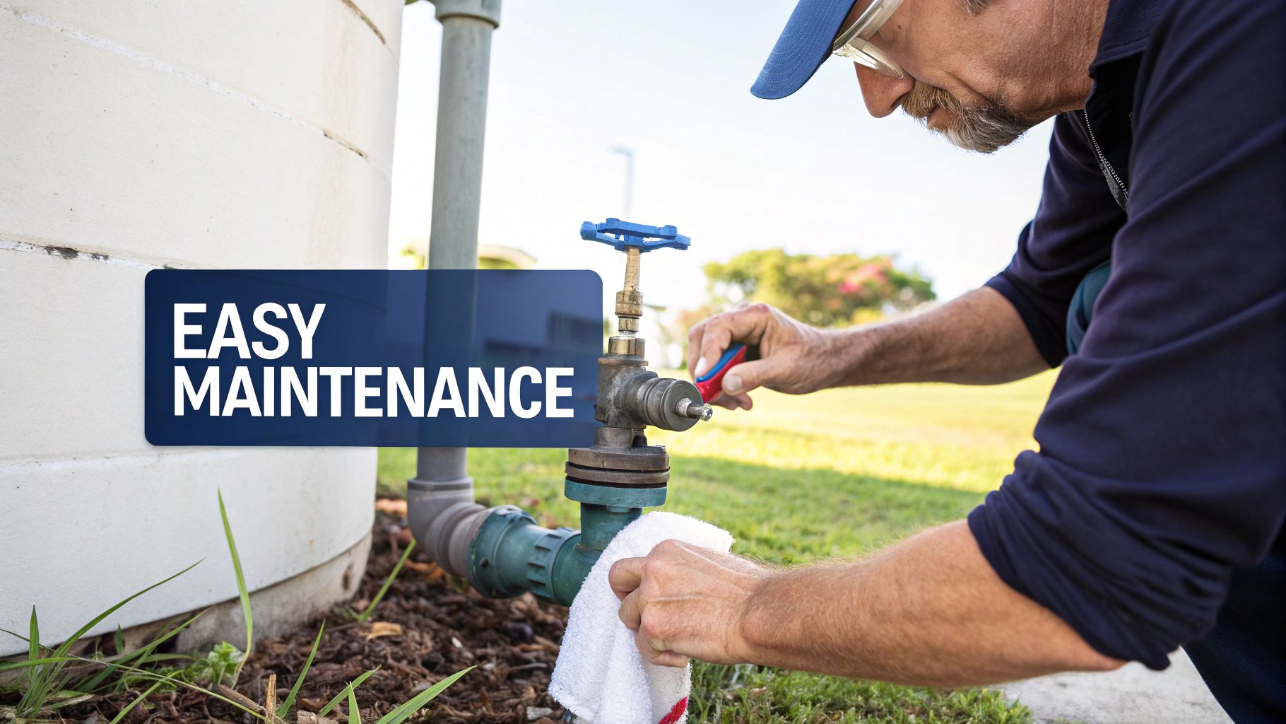 A professional window cleaner efficiently working with their van-mounted water tank setup in the background.