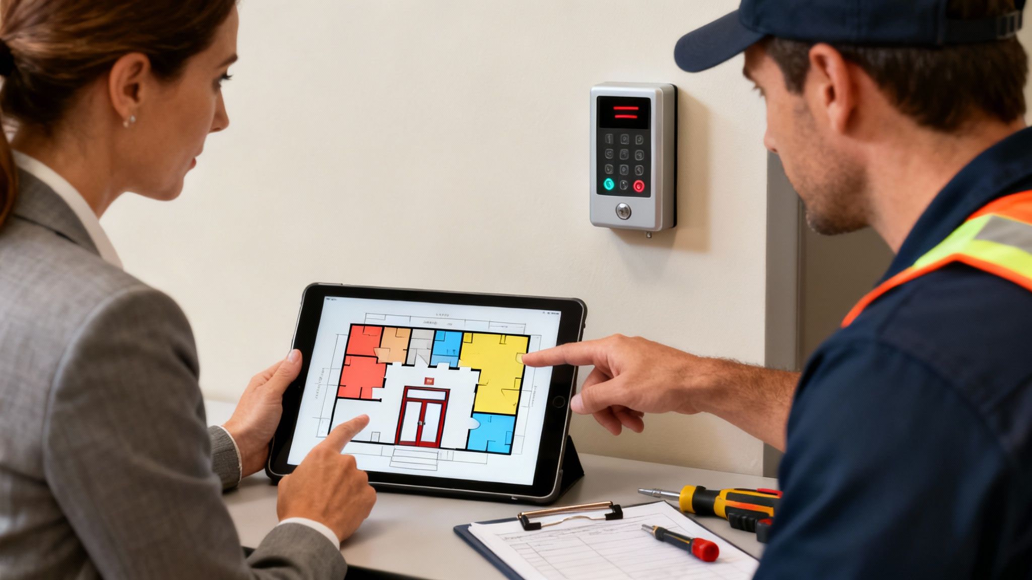 A businesswoman and technician discuss a building floor plan on a tablet, with an access control keypad nearby.