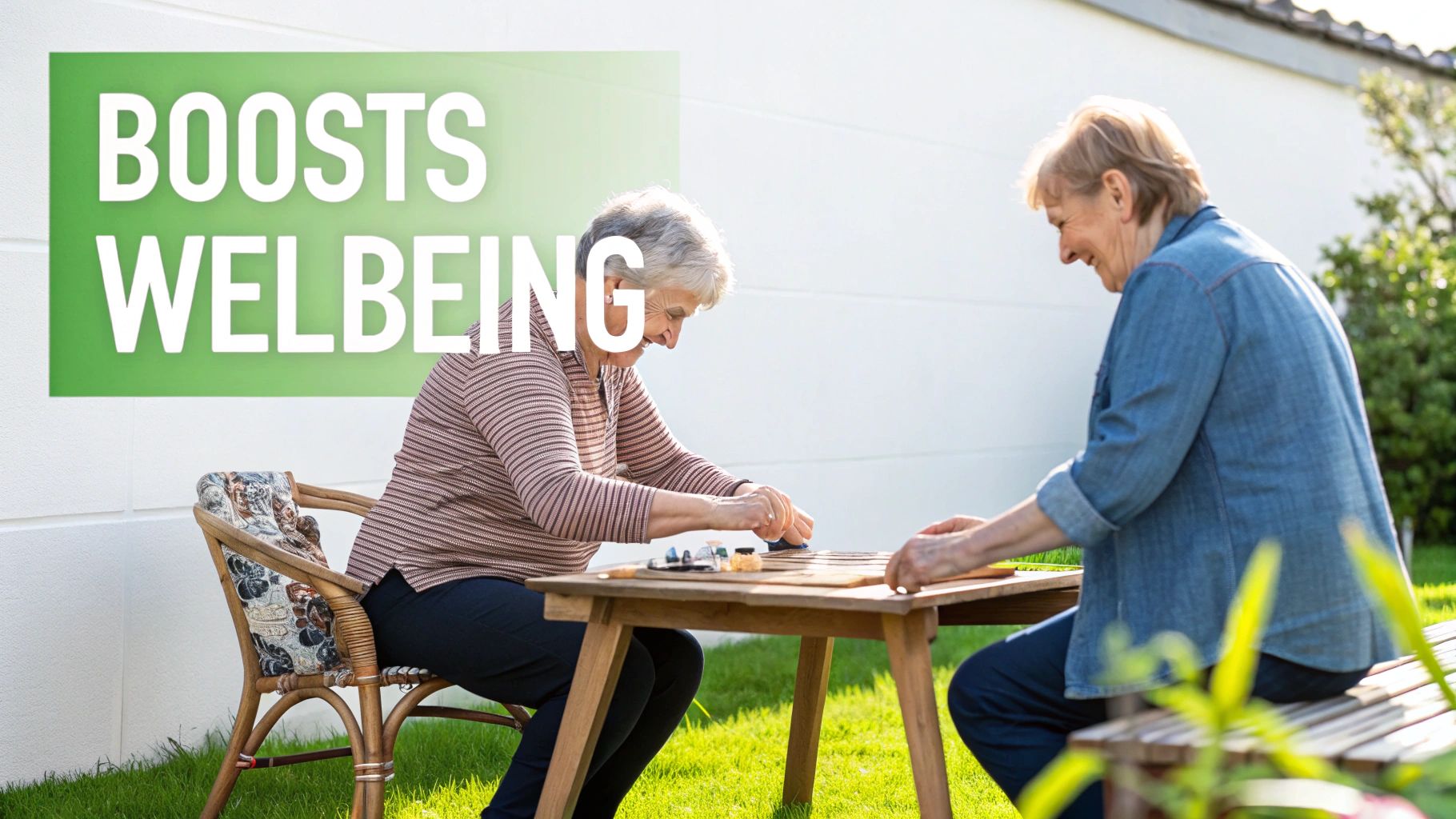 Two senior women enjoying outdoor activity together playing board games boosting wellbeing and companionship