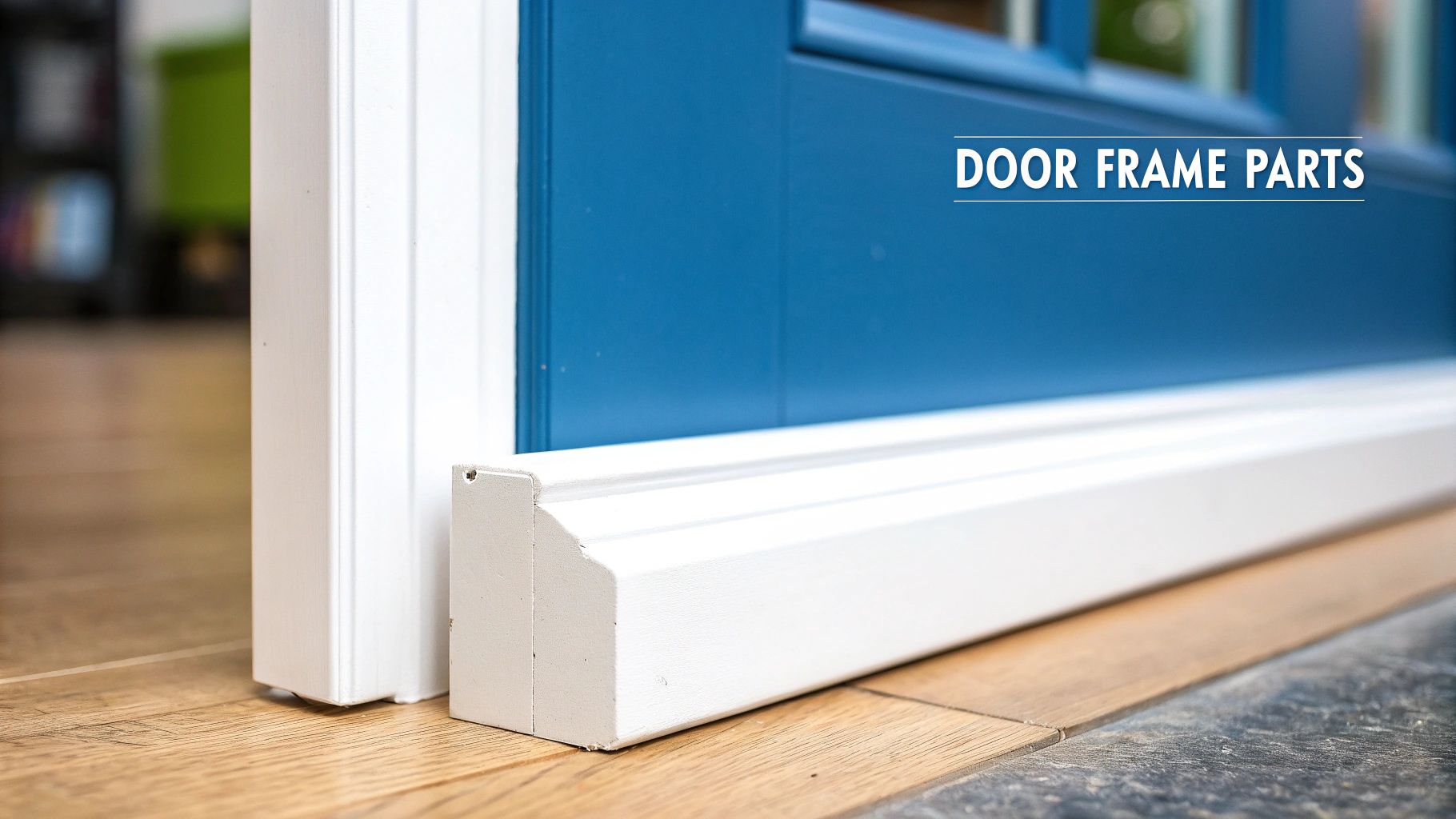 Close-up of a neatly installed white internal door frame and architrave.