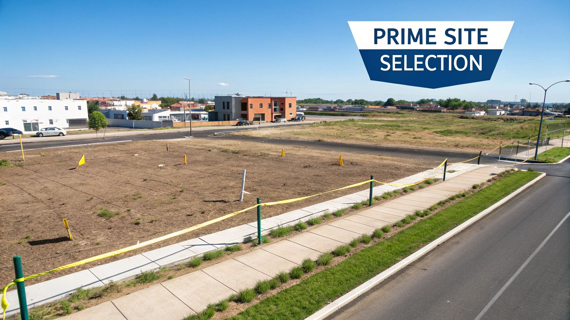 An aerial view of a prime undeveloped land plot for construction, marked with flags and yellow tape.