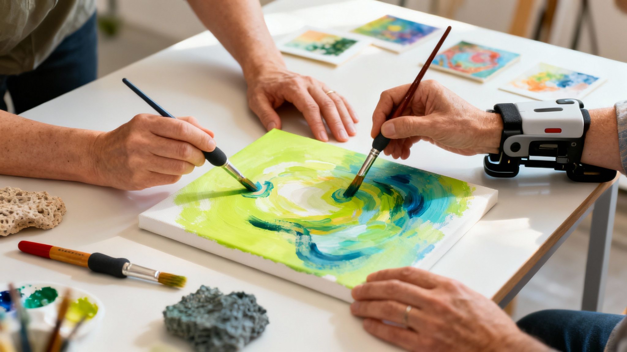 Two people painting a vibrant abstract artwork, one person using a wrist-mounted assistive device.