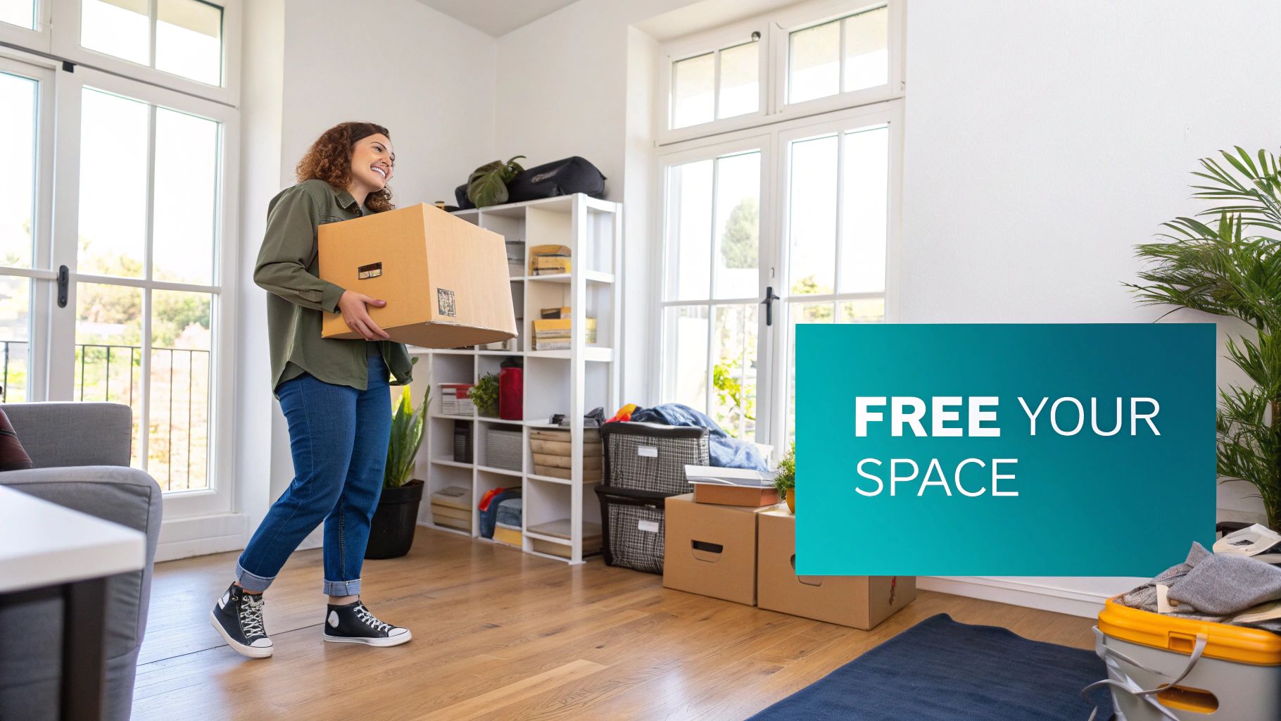 A smiling woman carries a moving box in a bright room, surrounded by other boxes and a 'FREE YOUR SPACE' sign.