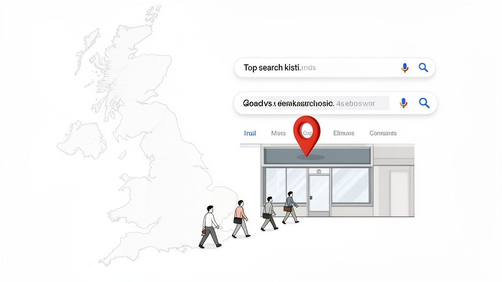 Illustration of the UK map, people walking to a location marked by a Google Maps pin, symbolizing local search results tracking.
