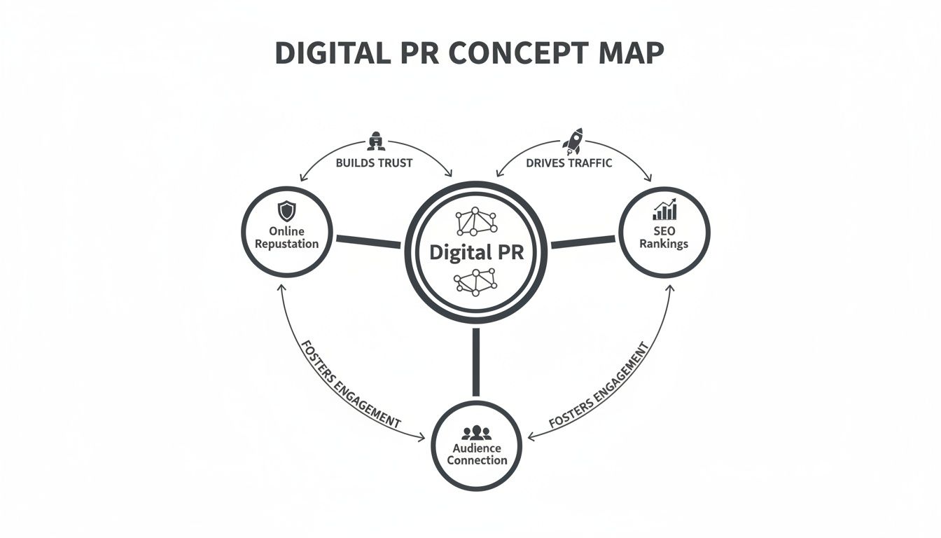 Digital PR concept map showing how it builds online reputation, drives SEO, and fosters audience engagement.