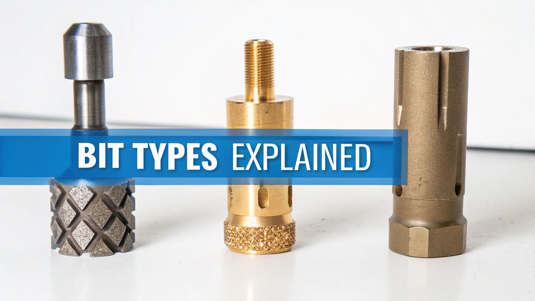 Three distinct metal drill bits, including a diamond-coated one, are displayed, with a banner stating 'BIT TYPES EXPLAINED'.