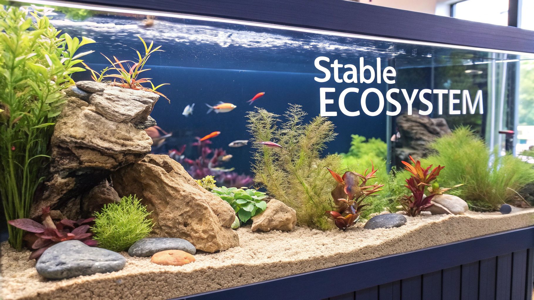 A close-up of a vibrant, healthy aquarium with green plants and clear water.