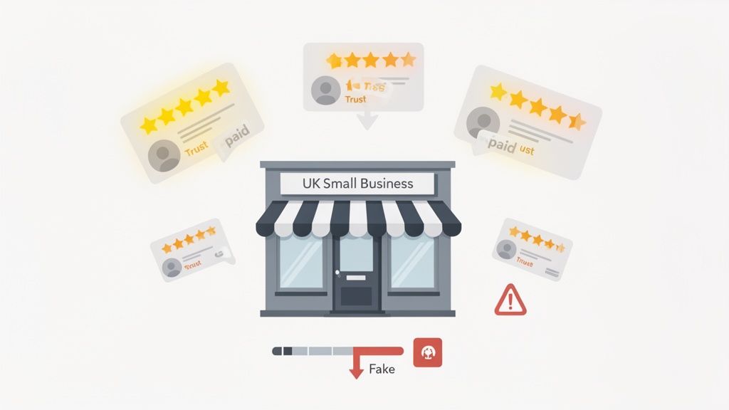 Illustration showing deceptive 5-star reviews from 'paid' sources surrounding a UK Small Business, with a 'Fake' warning.