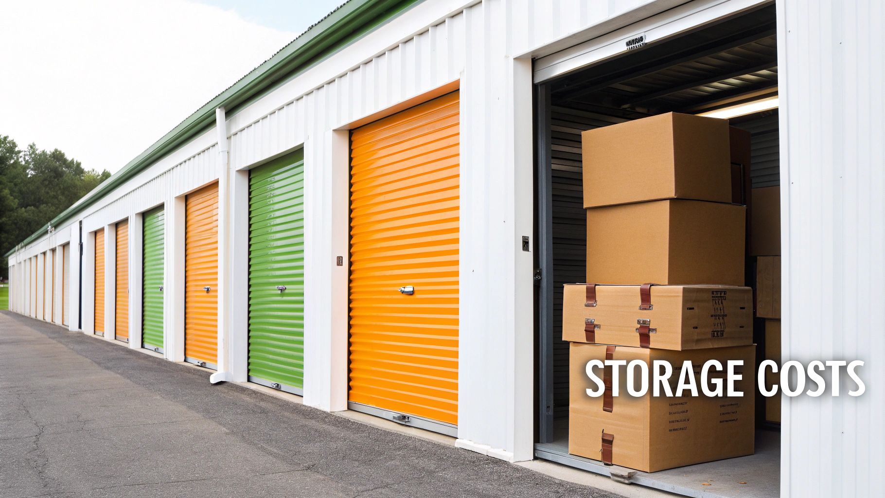 A row of self-storage units with colorful doors, one open revealing stacked moving boxes, labeled 'STORAGE COSTS'.