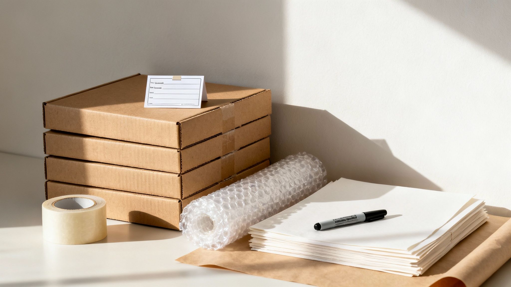 Packing supplies arranged on a white table with stacked cardboard boxes and a marker.