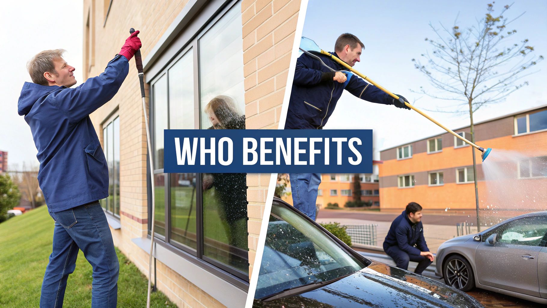 Two men use long poles with pure water systems to clean building windows and wash cars outdoors.