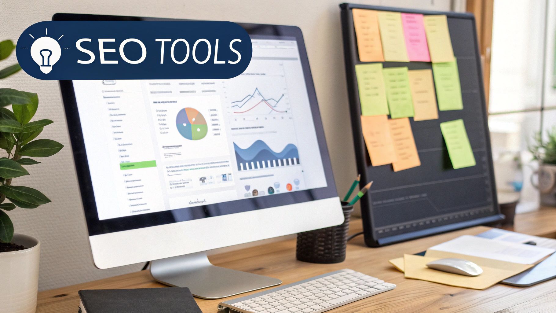 A modern workspace with a computer displaying SEO analytics and marketing charts, alongside sticky notes.