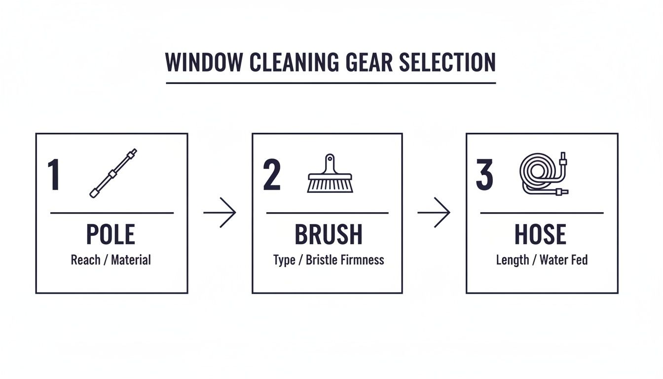 An infographic detailing the three steps for window cleaning gear selection: pole, brush, and hose.