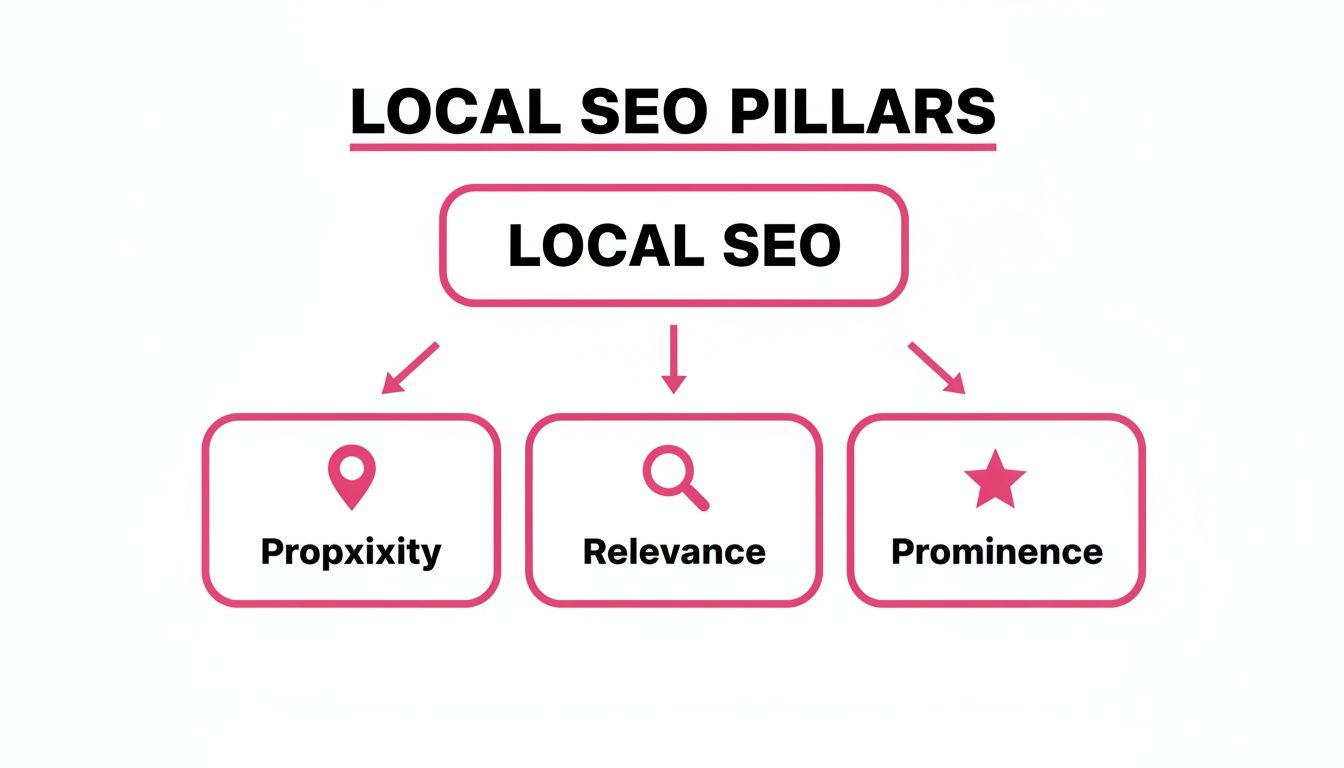 A diagram illustrating the three main pillars of Local SEO: Proximity, Relevance, and Prominence.