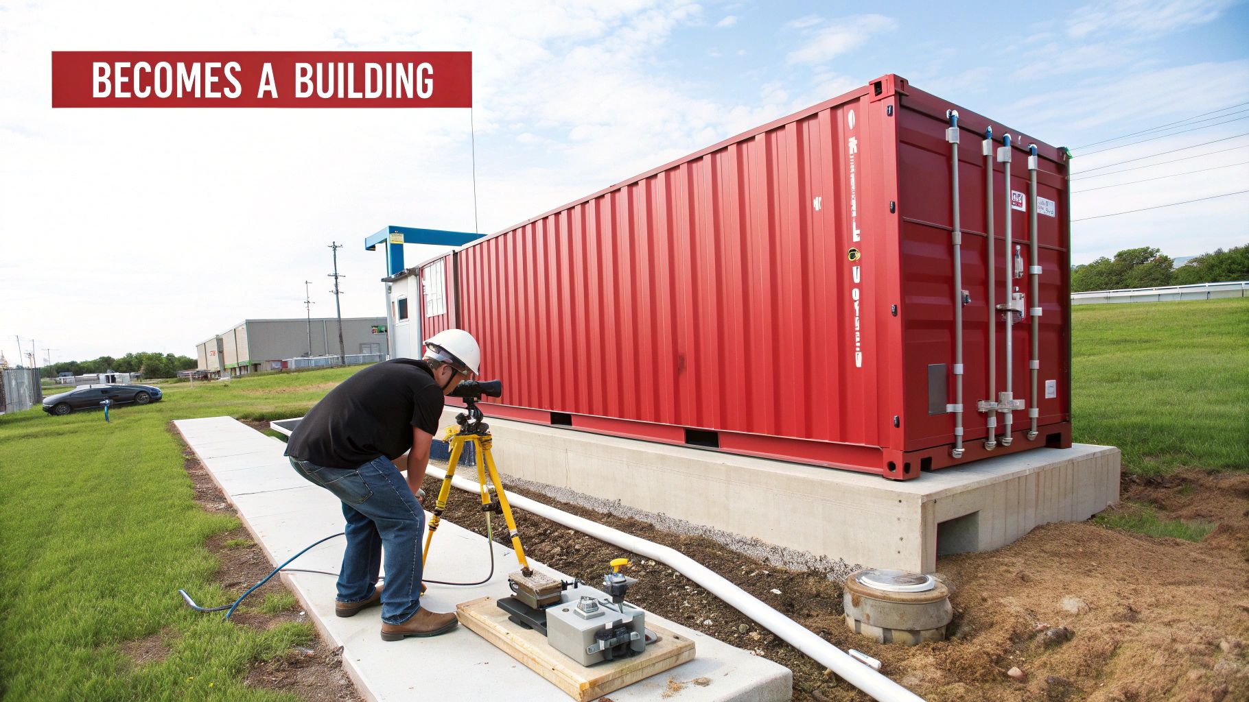 A man in a hard hat surveying a red shipping container converted into a building.